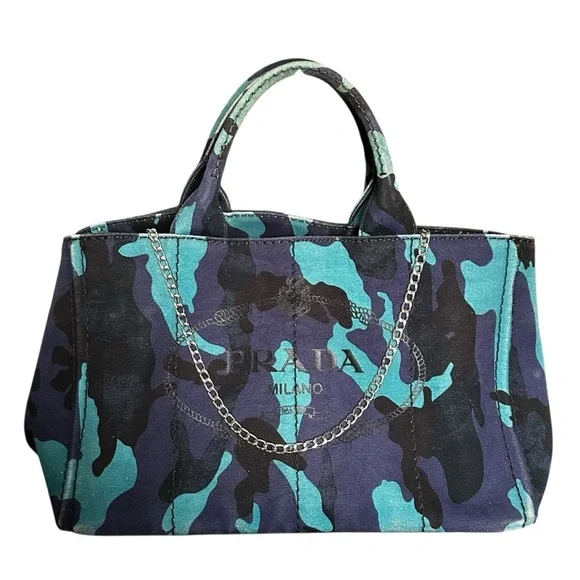 PRADA Blue Camouflage Canapa GM Two Way Tote Bag - Picture 12 of 15